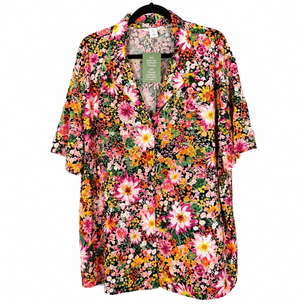 H&M Floral Button Up NWT Top Women XL Colorful Short Sleeve Viscose Coastal Boho